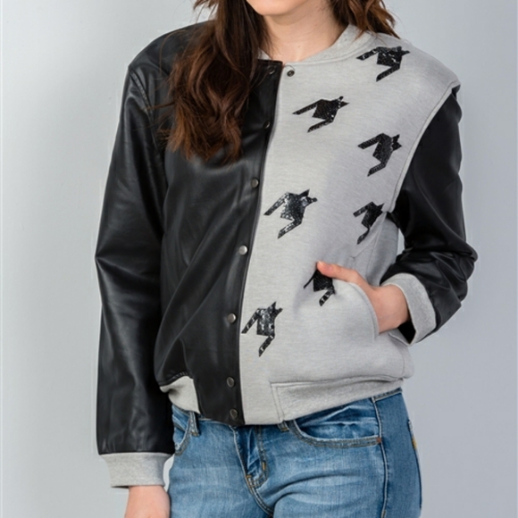 Black/Grey Colorblock Vegan Varsity Faux Leather Jacket Sequins Details - Picture 4 of 8